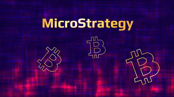 Banner MikroStrateji Anonim Şirketi, Bitcoin sembolleri ve kırmızı parıltıyla soyut bir arka plan üzerinde çalışıyor. Bitcoin ve diğer dijital paraları alan ve piyasayı yükselten bir şirket. Vektör illüstrasyonu.