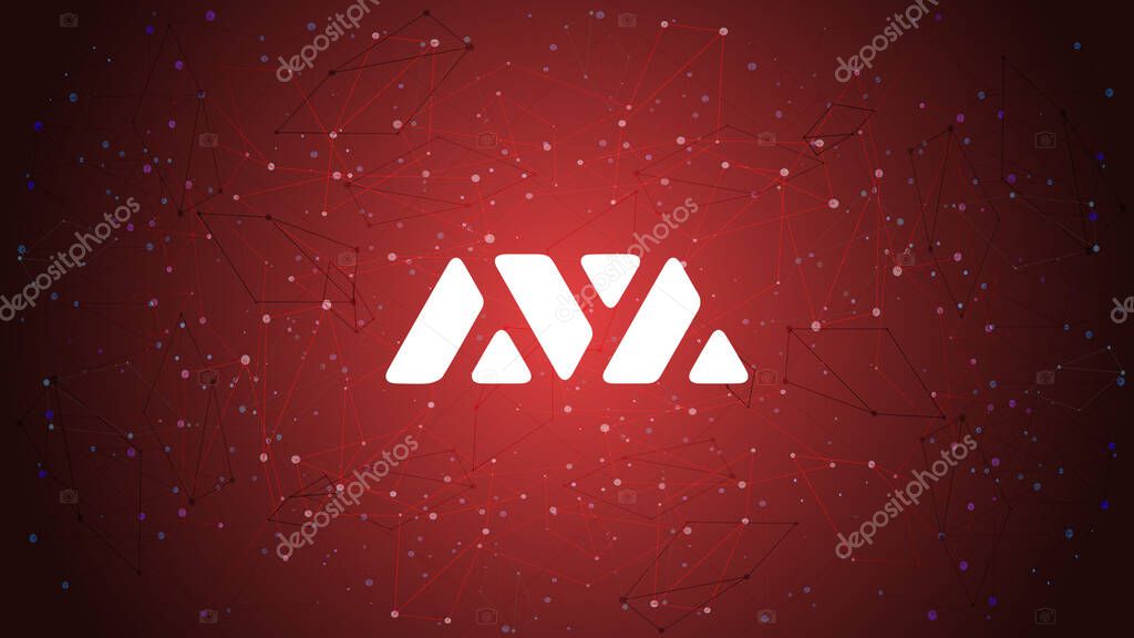 Avalanche AVAX token symbol of the DeFi project cryptocurrency theme on red polygonal background. Cryptocurrency coin logo icon. Decentralized finance programs. Vector illustration.