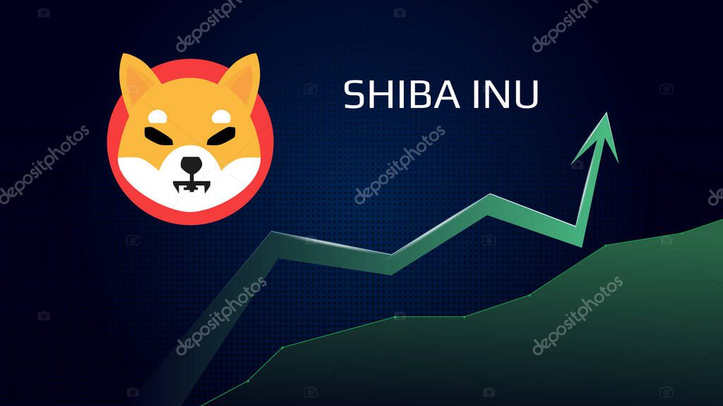Shiba Inu SHIB in uptrend and price is rising. Crypto coin symbol and green up arrow. Uniswap flies to the moon. Vector illustration.
