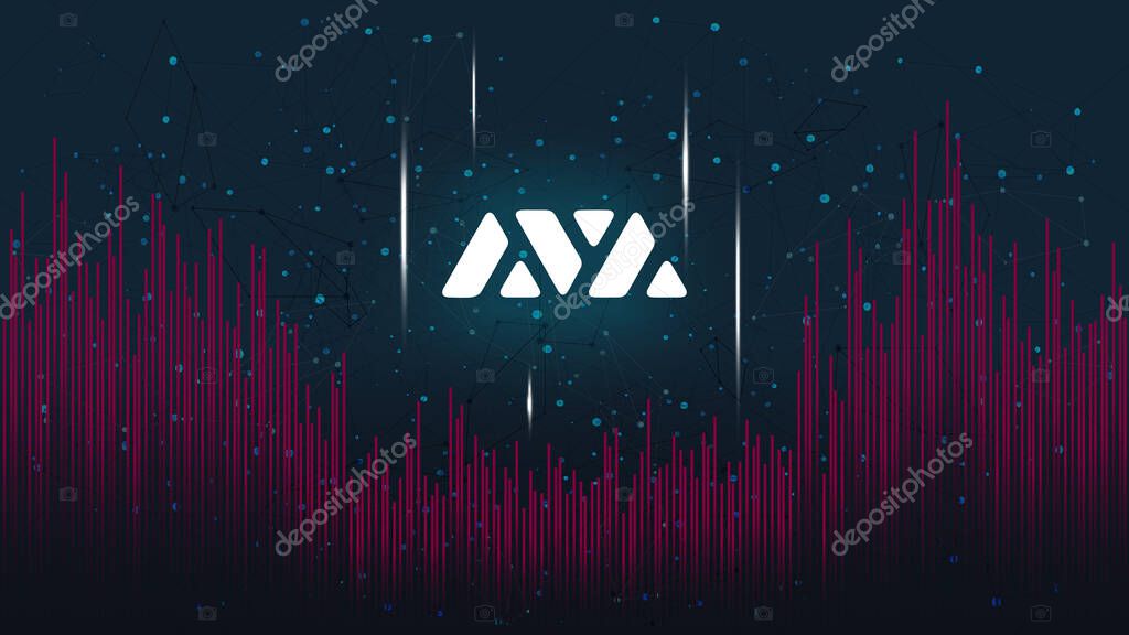 Avalanche AVAX token symbol of the DeFi project on dark polygonal background with wave of lines. Cryptocurrency coin logo icon. Decentralized finance programs. Vector illustration.