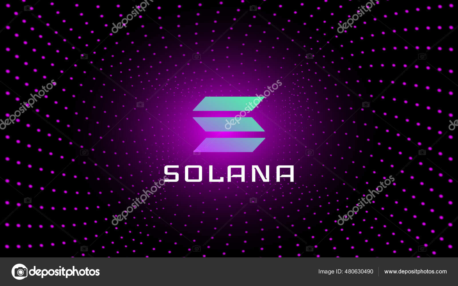 Solana Sol符号是暗色背景下发光点螺旋中心的加密货币用于横幅或新闻的加密货币标识图标矢量说明图库矢量图©k_v 480630490