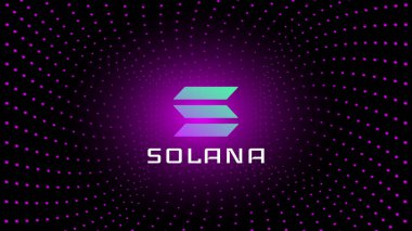 Solana SOL token symbol cryptocurrency in the center of spiral of glowing dots on dark background. Cryptocurrency logo icon for banner or news. Vector illustration. clipart