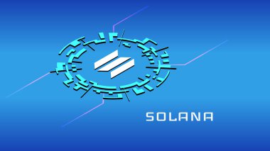 Solana SOL izometrik sembol mavi arkaplanda dijital daire şeklinde. Şifreli para ikonu. Vektör illüstrasyonu.