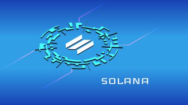 Solana SOL isometric token symbol in digital circle on blue background. Cryptocurrency coin icon. Vector illustration. clipart