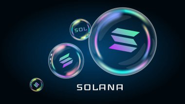 Sabun köpüğündeki Solana SOL sembolü. Finansal piramit yakında patlayacak ve yok olacak. Vektör illüstrasyonu.