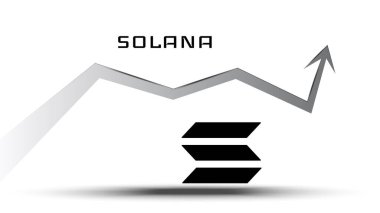 Solana SOL yükselişte ve fiyat yükseliyor. Şifreli para sembolü ve yukarı ok. Ay 'a uçuyor. Vektör illüstrasyonu.