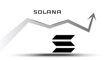 Solana SOL in uptrend and price is rising. Cryptocurrency coin symbol and up arrow. Flies to the moon. Vector illustration. clipart