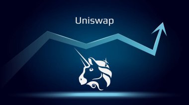 Uniswap UNI yükselişte ve fiyat yükseliyor. Şifreli para sembolü ve yukarı ok. Uniswap aya uçuyor. Vektör illüstrasyonu.