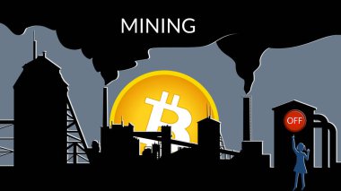 Bitcoin çıkartırken çevre kirliliğine karşı protesto kavramı. Küçük kız madenciliği kapatmak için kırmızı düğmeye uzanıyor. Dumanlı fabrika bacaları. Kara duman gökyüzünü kaplıyor.