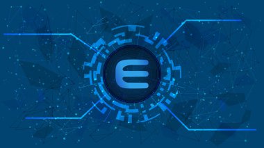 Enjin ENJ sembol mavi zemin üzerinde kripto para temalı dijital daire içinde. Şifreli para ikonu. Vektör illüstrasyonu.