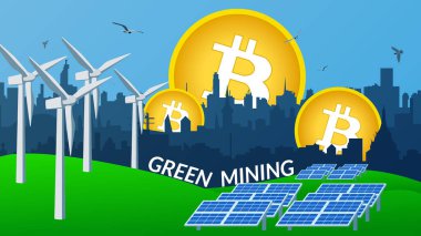 Bitcoin çıkarırken çevreyi korumak için yeşil enerji kullanma kavramı. Yel değirmenleri ve güneş panelleri elektrik üretmek için yeşil çimlerin üzerinde duruyor. Şehir silüeti. Vektör illüstrasyonu.