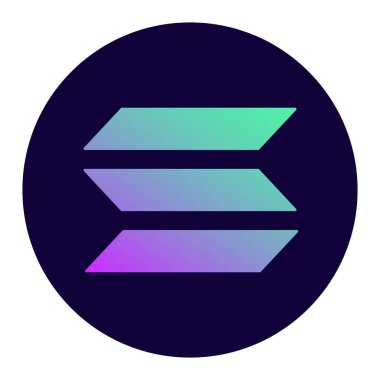 Solana SOL sembol kripto para logosu daire içinde, para simgesi beyaz arkaplanda izole. Vektör illüstrasyonu.
