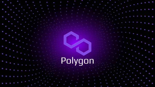 Polygon Matic Símbolo Simbólico Criptomoneda Centro Espiral Puntos Brillantes Sobre — Vector de stock