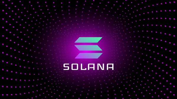 Solana SOL simgesi simgesi. Karanlık arkaplanda parlayan noktalar sarmalının ortasında. Pankart ya da haber için kripto para birimi logosu simgesi. Vektör illüstrasyonu.