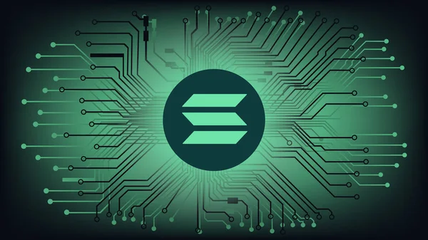 Solana SOL kripto para birimi sembolü pcb parçalı soyut dijital arkaplan üzerinde daire şeklinde. Para birimi simgesi. Vektör illüstrasyonu.