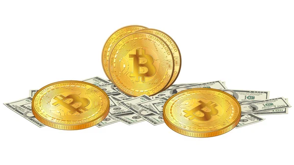 Papel Disperso Billetes 100 Dólares Monedas Oro Bitcoin Sobre Dinero — Vector de stock