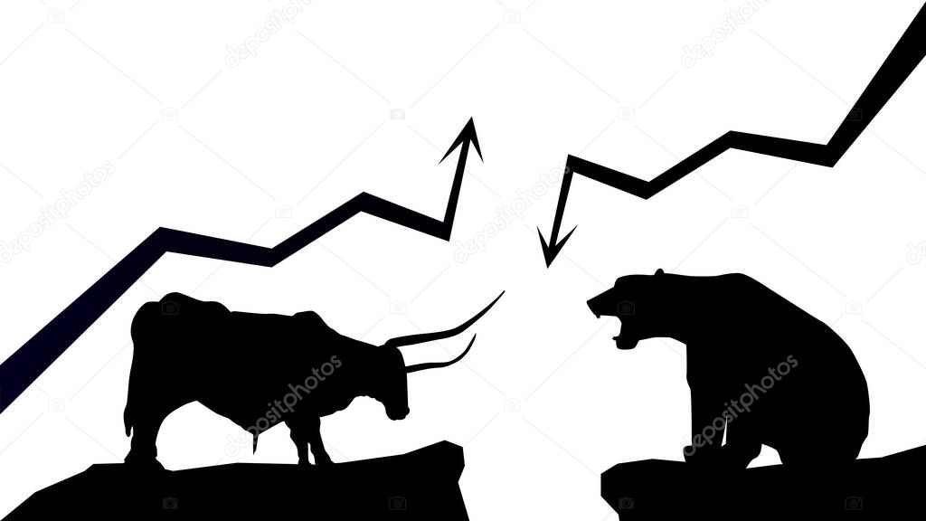 Silhouette bullish trend versus bearish trend with up and down arrows on white background. Bull and bear on rock opposite each other. Vector illustration.