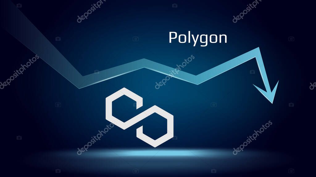 Polygon MATIC in downtrend and price falls down. Cryptocurrency coin symbol and down arrow. Crushed and fell down. Cryptocurrency trading crisis and crash. Vector illustration.