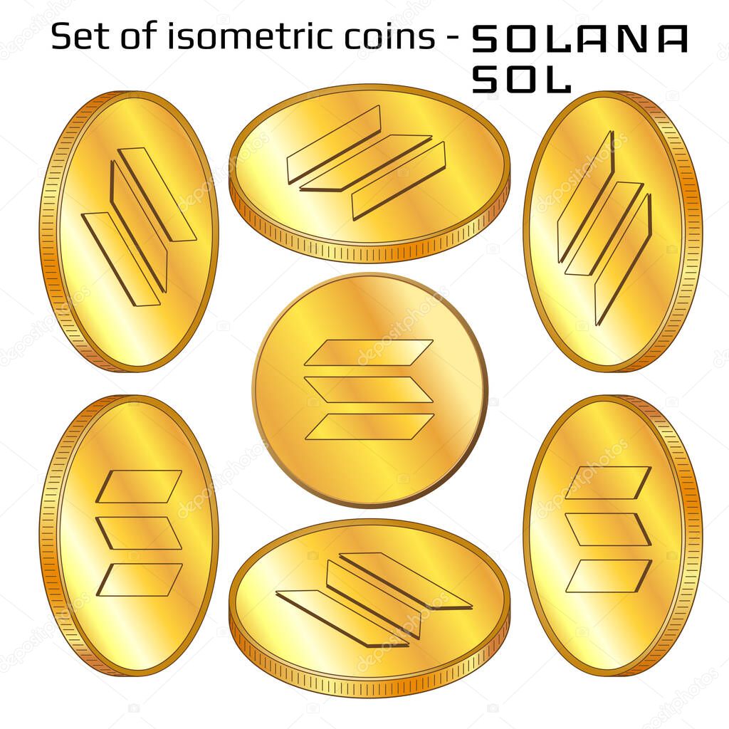 Set of gold coins Solana SOL in isometric view isolated on white. Vector illustration.