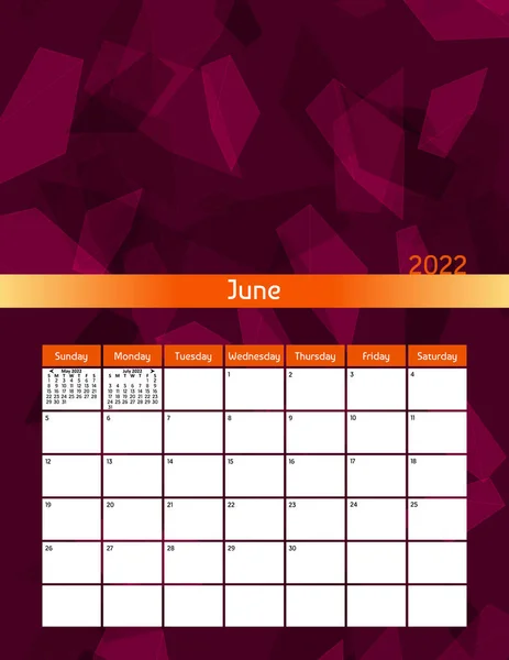 私たちは2022年6月のレター用紙サイズベクトル未来月間プランナーカレンダー日曜日に開始します 垂直多角形のオーガナイザー 習慣トラッカー カラフルな現代的なイラスト — ストックベクタ