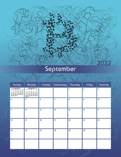 私たちは2022年9月のレター用紙サイズベクトル未来月間プランナーカレンダー日曜日に開始します 垂直技術主催者 ビットコイン暗号通貨をテーマにした習慣トラッカー — ストックベクタ