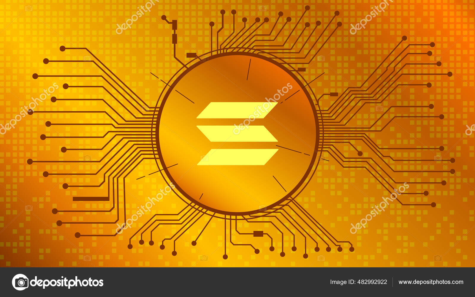 Solana Sol加密货币符号圈与Pcb轨道黄金背景货币硬币图标矢量说明图库矢量图©k_v 482992922