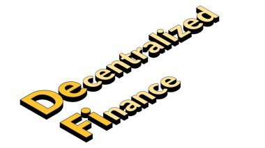 Defi - merkezi olmayan finans, beyaz arkaplanda izole edilmiş izometrik metin. Kamu engelleme zincirlerine dayalı finansal uygulamaların ve hizmetlerin ekosistemi. Vektör illüstrasyonu.