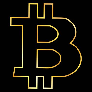 Altın hatlı Bitcoin BTC simgesi siyah üzerine izole edilmiş. Tasarım elemanı. Vektör illüstrasyonu.