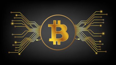 Altın Bitcoin BTC kripto para sembolü koyu arkaplan üzerinde pcb izleri olan daire şeklinde. Web sitesi veya pankart için tekno biçiminde tasarım ögesi. Vektör illüstrasyonu.