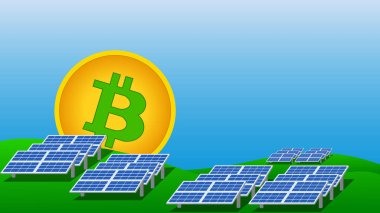 Bitcoin madencilik kavramı güneş panellerini çevreyi korumak için kullanır. Vektör illüstrasyonu.