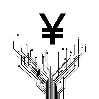 Yuan CNY dijital para sembolü PCB dallanma izleri beyaz üzerinde izole. Çin para birimi simgesi. Vektör illüstrasyonu.