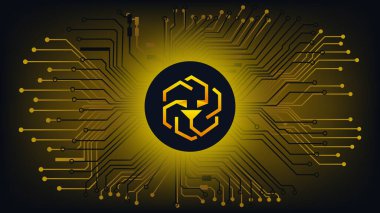 Unus Sed Leo kripto para birimi sembolü pcb parçalı soyut dijital arkaplan üzerinde daire şeklinde. Para birimi simgesi. Vektör illüstrasyonu.