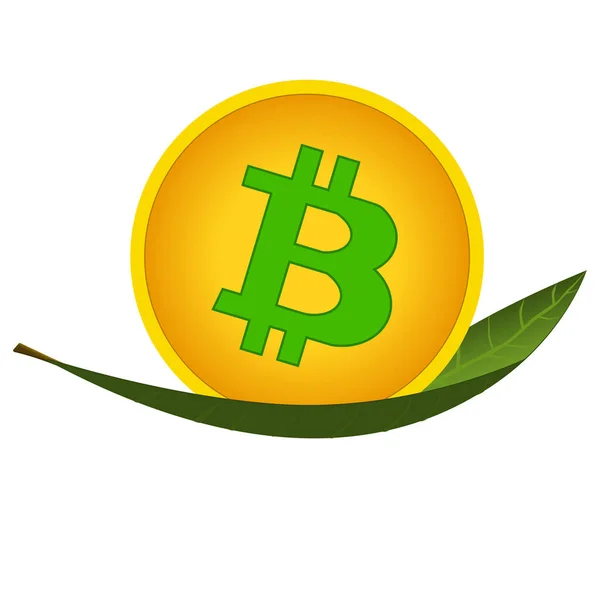 Bitcoin Hoja Verde Aislado Blanco Concepto Criptomonedas Mineras Que Utilizan — Vector de stock