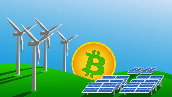 Bitcoin Mijnbouw Concept Met Behulp Van Groene Energie Het Milieu — Stockvector