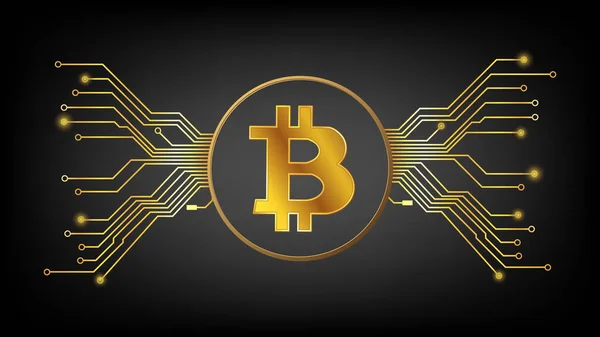 Zlatý Bitcoin Btc Kryptoměna Symbol Kruhu Pcb Stopy Tmavém Pozadí — Stockový vektor