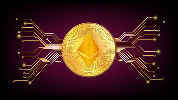 Detaylı altın sikke Ethereum ETH simgesi üzerinde pcb izleri olan koyu kırmızı arka plan. İnternet sitesi ya da afiş için dijital altın. Vektör illüstrasyonu.