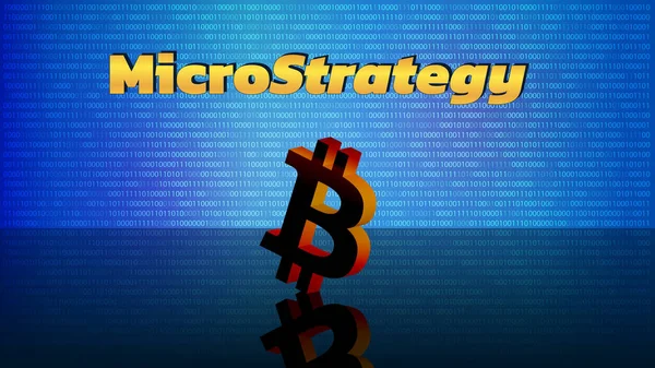 Banner MikroStrateji Anonim Şirketi dijital arka planda ayna zemininde Bitcoin sembolleriyle. Bitcoin ve diğer dijital paraları alan ve piyasayı yükselten bir şirket. Vektör illüstrasyonu.