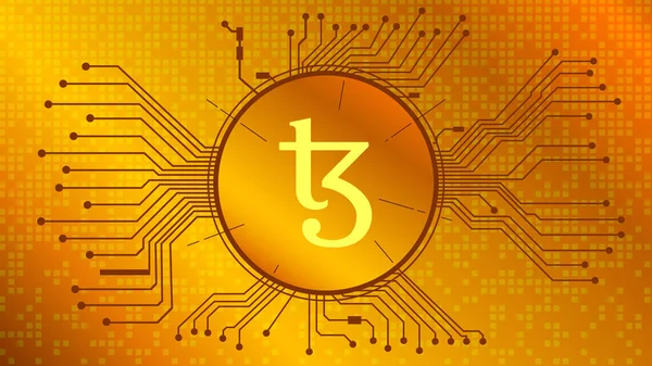 Tezos Xtz Cryptogeld Token Symbool Cirkel Met Pcb Tracks Gouden — Stockvector