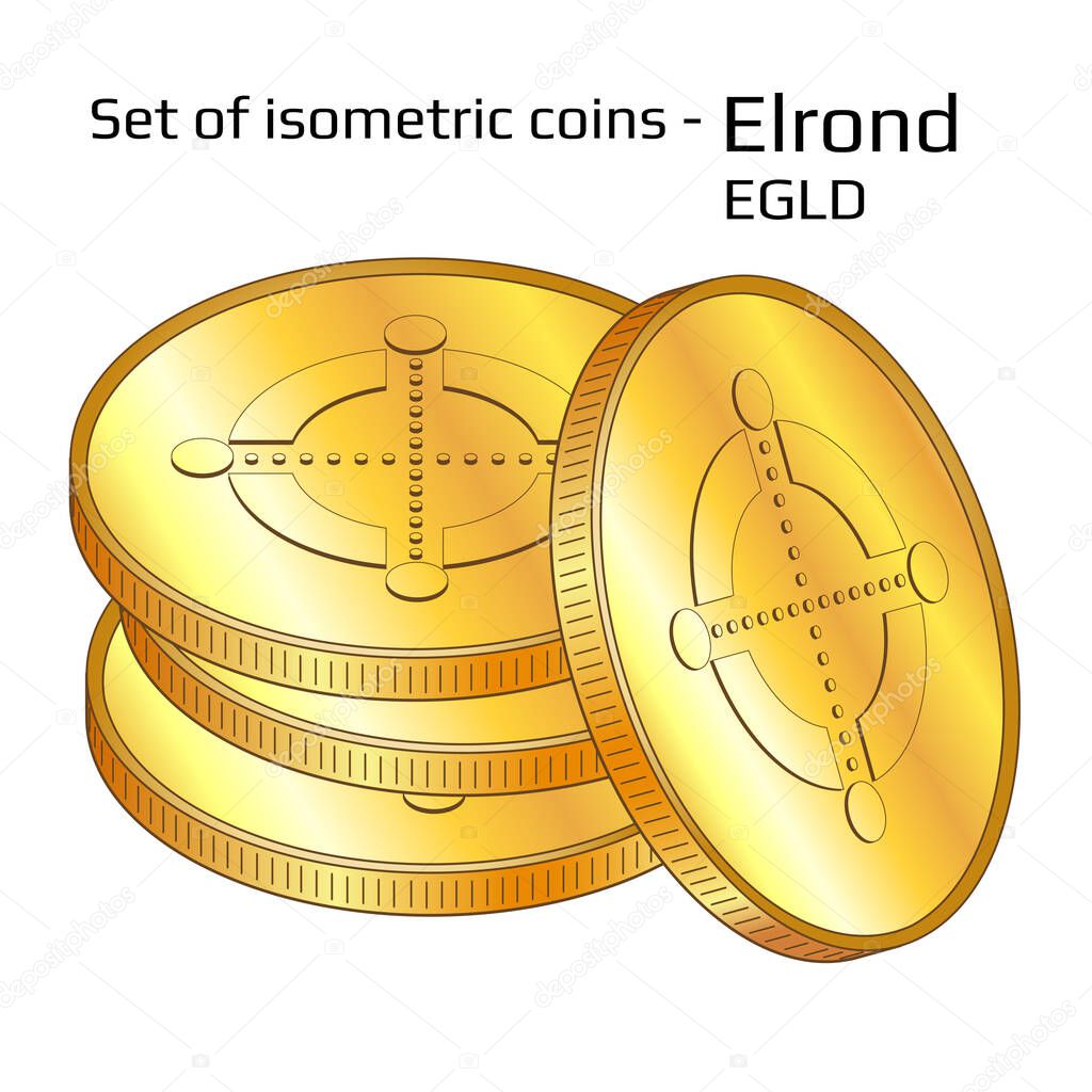 Set of gold coins in stack Elrond EGLD in isometric view isolated on white. Vector illustration.