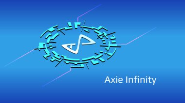 Axie Infinity AXS izometrik sembol mavi arkaplanda dijital çember şeklinde. Pankart ya da haber için kripto para simgesi. Vektör illüstrasyonu.