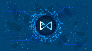 Mavi arka planda fütüristik kripto para birimi temalı dijital çemberde Axie Infinity AXS sembol. Pankart ya da haber için kripto para simgesi. Vektör illüstrasyonu.