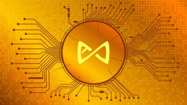 Axie Infinity AXS kripto para birimi sembolü altın zemin üzerinde PCB izleri olan daire şeklinde. Web sitesi veya afiş için tekno-para ikonu. Vektör illüstrasyonu.