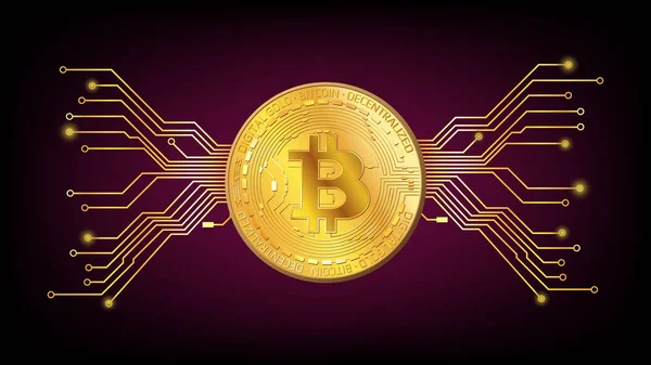 Moneda Oro Detallada Bitcoin Btc Token Con Pistas Pcb Sobre — Vector de stock