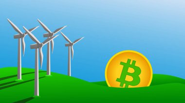 Çevreyi korumak için yeşil enerji kullanan Bitcoin madencilik kavramı. Yel değirmenleri yeşil çimlerde elektrik üretir. Vektör illüstrasyonu.