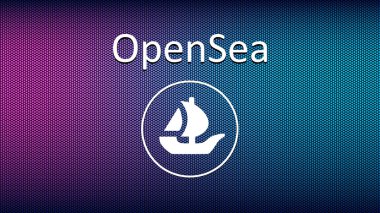 OpenSea metin ve logo internet platformu NFT marka market ve açık artırma. Koleksiyon ürünleri satışlarında yeni bir moda. Haber ve medya afişi. Vektör illüstrasyonu.