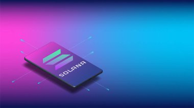 UI, UX, App sunumu için fotokopi alanı olan gerçekçi izometrik cep telefonunun üzerinde Solana SOL sembolü logosu. Pankartlar, modeller ve web sitesi şablonları için. Vektör illüstrasyonu.