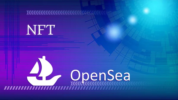 OpenSea metin ve logo internet platformu NFT marka market ve soyut renkli arka plan açık artırması. Koleksiyon ürünleri satışlarında yeni bir moda. Haber ve medya afişi. Vektör illüstrasyonu.