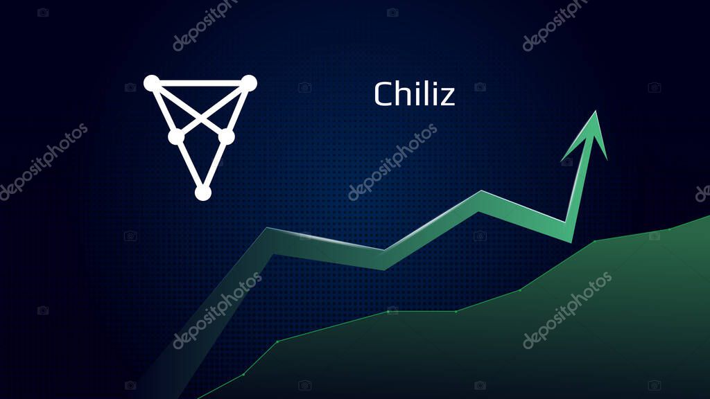Chiliz CHZ in uptrend and price is rising. Crypto coin symbol and green up arrow. Token flies to the moon. Vector illustration.