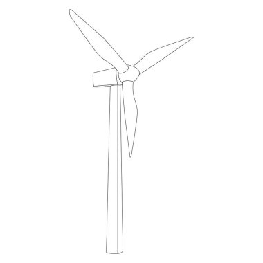 Yel değirmeninin dış hatları beyaz üzerine izole edilmiş üç bıçakla çizilmiş. Yelken direği çiftliği. Alternatif yenilenebilir rüzgar enerjisi.