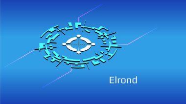 Elrond EGLD izometrik sembol mavi arkaplan üzerinde dijital daire. Pankart ya da haber için kripto para simgesi. Vektör illüstrasyonu.